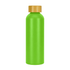 A drink bottle in vibrant green with a wooden lid, featuring a logo on the side.