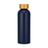 A drink bottle made from recycled aluminium in dark navy with a gold cap and a logo.