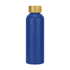 A drink bottle in vibrant blue with a gold cap. Features a logo on the surface. Made from recycled aluminium.