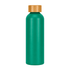 A drink bottle in teal with a wooden cap. The bottle has a sleek, smooth finish and features a logo.