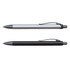 A set of two metal pens in silver and black, each featuring a clip and a sleek design.