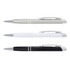 Three metallic pens in grey, white, and black, each with silver accents and a logo on the barrel.