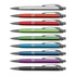 A collection of metal pens in various colours including white, red, green, blue, and purple, featuring silver accents.