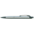 A metallic silver pen with a textured grip and a clip for easy attachment. It features a branded logo.