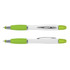 A multi-function pen featuring a white body with green grips and accents, alongside a clip and branding.
