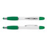 A multi-function pen featuring a green and white design, with a textured grip and a sleek metallic accent.