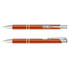 An orange metal pen with silver accents, featuring a sleek design and a clip. It has a logo on the barrel.