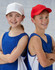 A red and a white brushed cotton cap, displayed on two smiling children wearing blue sports tops.