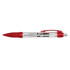 A clear plastic pen with red accents, featuring a visible measurement scale and a clip for convenience.