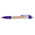 A plastic pen featuring a transparent barrel with purple accents and a logo.