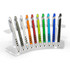A clear display stand holding ten pens in various colours, including silver, orange, green, blue, and black.