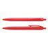 A pair of red plastic pens with a smooth finish and click mechanism, featuring a logo on one.