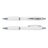 A pair of white plastic pens with chrome accents, featuring a sleek design and a smooth finish.