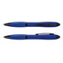 A blue stylus pen with a black clip and tip, featuring a sleek design and a logo.
