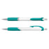 A white barrel pen with a teal grip and accents, featuring a silver clip and details. It has a logo present.