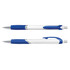 A plastic pen with a white barrel and blue accents, featuring a smooth grip and a metal clip.