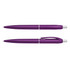 A purple pen set featuring two designs, one with a sleek barrel and the other with a clip. Both have a silver accent.