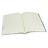 A large, open notebook with lined pages and colourful side tabs, featuring a simple design and a logo.
