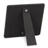 A black display stand with a textured surface and a foldable support arm at the back. It features a small logo.