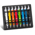 A display stand featuring eight brightly coloured pens in yellow, orange, red, green, blue, black, white, and silver.