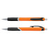 Two plastic pens with an orange barrel and black grips, featuring a shiny silver clip. One pen has a retractable design.