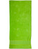 A bright green terry velour beach towel measuring 75x150 cm, featuring a simple design and a branding logo.