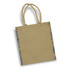 A jute tote bag in natural colour with patterned blue trim and two sturdy handles. Features a logo.