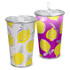 A drink cup set featuring vibrant lemon patterns in yellow and white, with one cup in pink and one in silver.