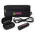 A black tech pouch contains wireless earbuds, a charging case, and a USB cable, featuring a logo.