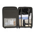 A medium black suitcase filled with neatly arranged clothes and toiletries, featuring a transparent compartment.