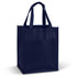 A navy blue pocket shopping bag with sturdy handles and a front pocket, featuring a logo.