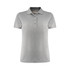 A grey women's polo shirt featuring a classic collar and button-down placket, with a logo on the chest.