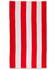 A striped beach towel in red and white with a logo in one corner. Ideal for leisure and outdoor activities.