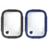 A set of two rectangular glass lunch boxes with black and navy blue silicone lids. They include locking clips.