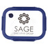 A glass lunch box with a blue lid and a logo on the front, featuring an oval design and the word "SAGE".