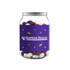 A clear canister filled with purple and white jelly beans, featuring a purple label with a logo.