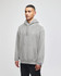 A grey hooded sweatshirt with a front pocket and drawstring hood, featuring a logo on the cuff.