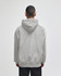 A grey hooded sweatshirt featuring a kangaroo pocket and a logo on the back.