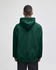 A back view of an olive green pullover hooded sweatshirt with a hood, featuring a logo.