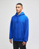A blue pullover hooded sweatshirt features a front pocket and a logo. The model stands against a neutral background.