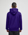 A purple hooded sweatshirt with a kangaroo pocket and a hood, featuring a logo on the back.