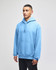 A light blue hoodie with a front pocket and a drawstring hood, featuring a logo.