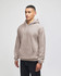 A beige pullover hooded sweatshirt with a front pocket and a logo on the sleeve.