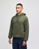 An olive green pullover hooded sweatshirt with a front pocket, featuring a logo on the sleeve.