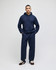 A navy pullover hooded sweatshirt paired with matching pants, featuring a logo on the sweatshirt.