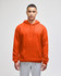 A bright orange pullover hooded sweatshirt with a front pocket and an attached hood. It features a logo.
