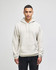 A light beige pullover hooded sweatshirt with a front pocket and a logo on the sleeve.
