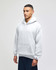 A grey pullover hooded sweatshirt with a front pocket and branding on the sleeve, modelled by a person.