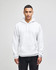 A white pullover hooded sweatshirt features a front pocket and a logo on the sleeve. Suitable for casual wear.