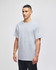 A grey adult short-sleeve t-shirt displayed on a model standing against a neutral background.